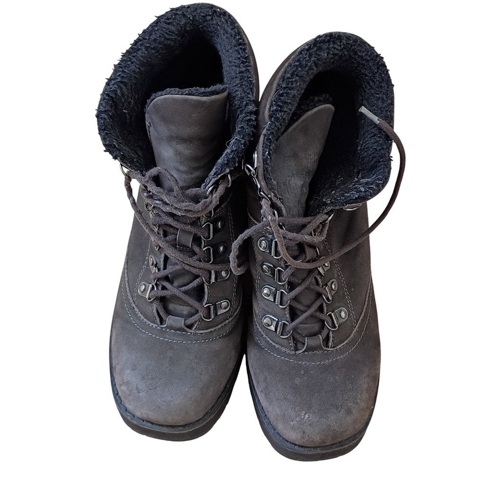 Grey Nubuck Leather Faux Fur Lined Lace Up Hiking Ankle Boots Block Heel 8.5M - Picture 1 of 8
